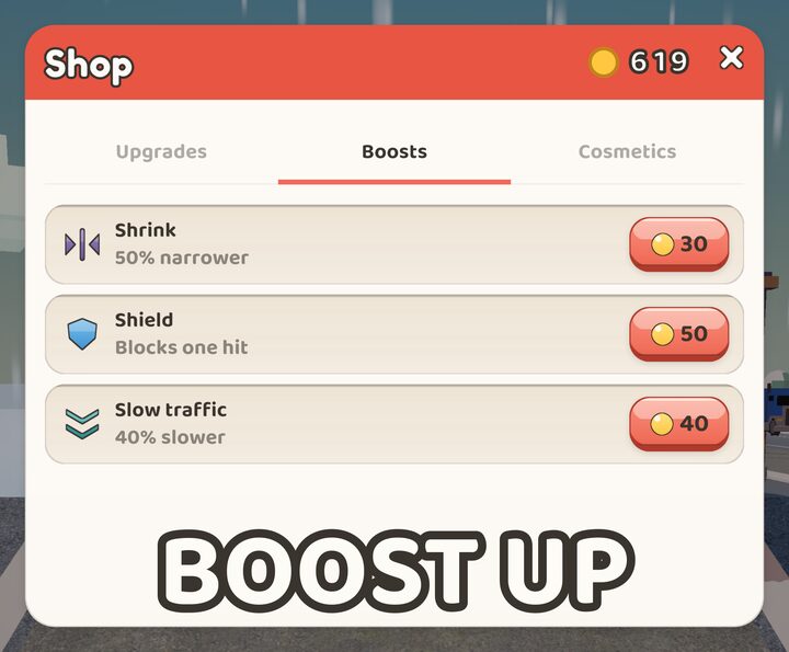 The shop Boosts tab with three rows: shrink, shield and slow traffic