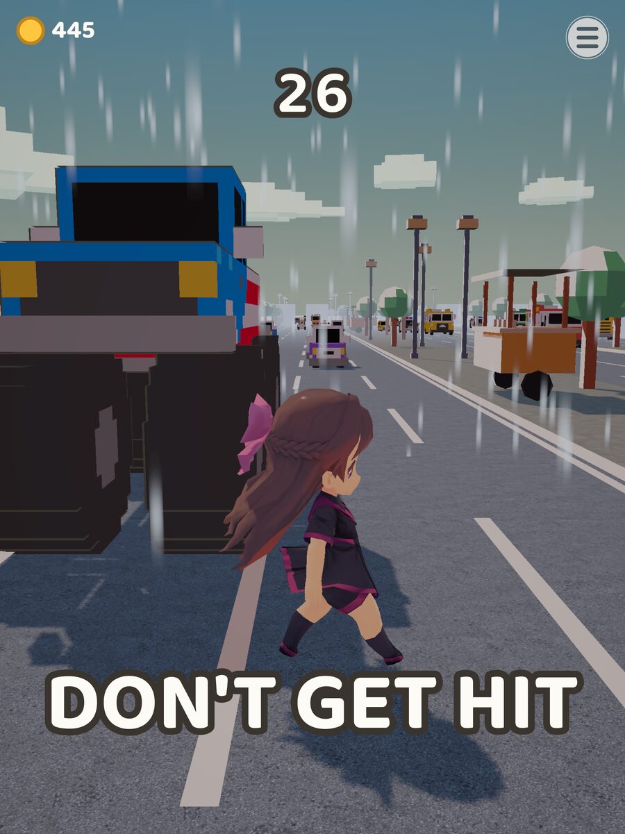 Road Crossing Challenge gameplay: Mika walks past the front wheel of a blue monster truck in the rain, score 26