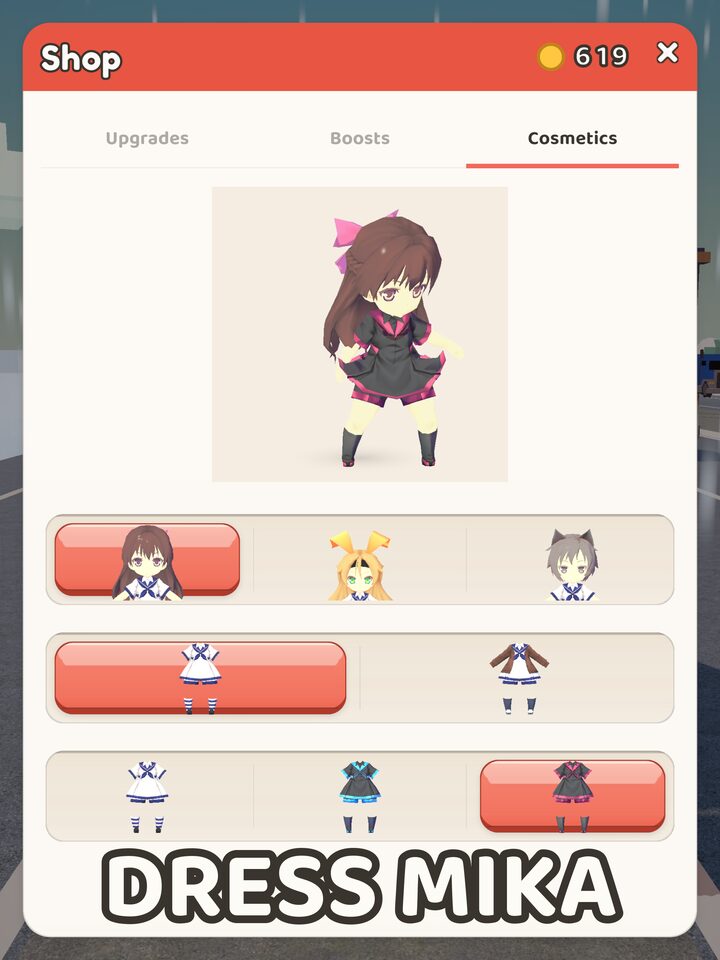 The shop Cosmetics tab with Mika in a preview above rows of looks and outfits