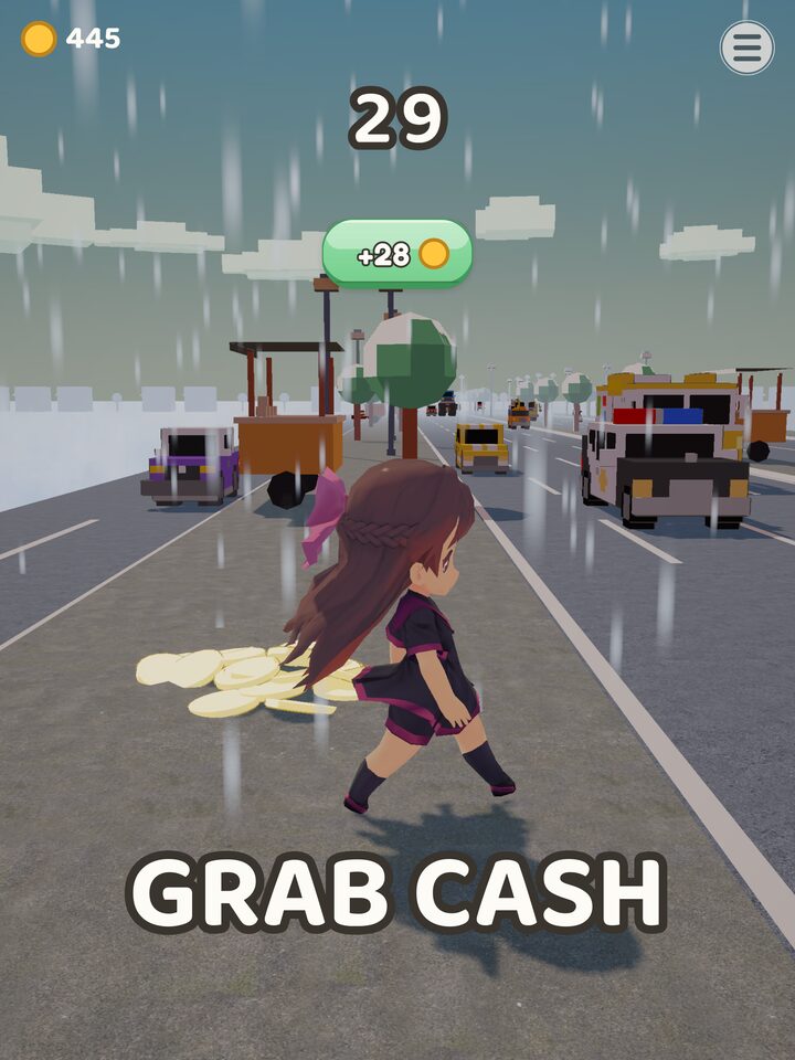 A pile of coins lies on the road in front of Mika and a green pill reads plus 28