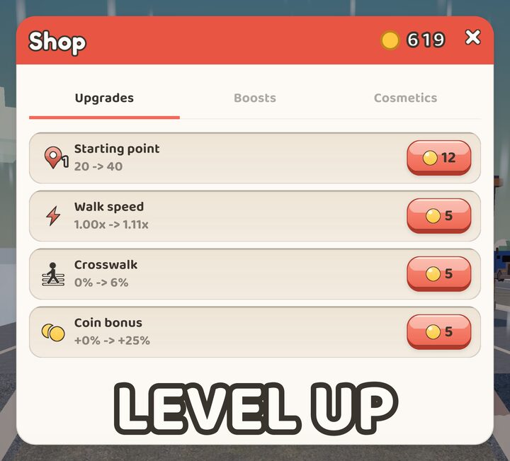 The shop Upgrades tab with four rows: starting point, walk speed, crosswalk and coin bonus